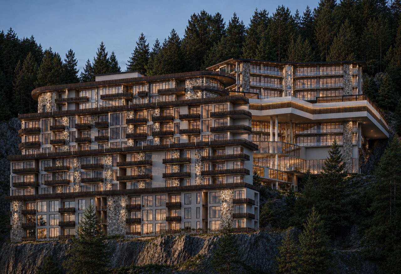 The Nathia Reserve towers at dusk, with warm balcony lights among the trees